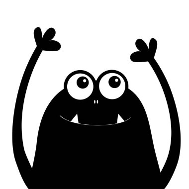 Canavar baş siluet. İki göz, diş fang, eller. Baş aşağı asılı. Siyah komik sevimli çizgi film karakteri. Mutlu Cadılar Bayramı kartı. Bebek koleksiyonu. Düz tasarım. Beyaz arka plan. İzole. Vektör