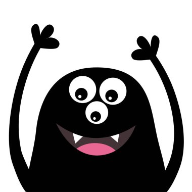 Gülümseyen canavar baş siluet. Thtee gözleri, dişler, dil, eller yukarı. Siyah komik sevimli çizgi film karakteri. Bebek koleksiyonu. Mutlu Cadılar Bayramı kartı. Düz tasarım. Beyaz arka plan. Vektör çizim