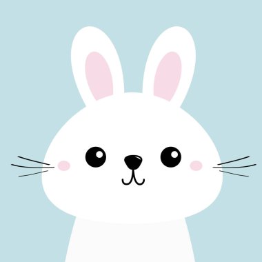 Beyaz tavşan tavşan. Komik baş bebek yüz. Büyük kulaklar. Şirin kawaii çizgi film karakteri. Tebrik kartı şablonu. Mutlu Paskalya işareti simgesi. Mavi arka plan. Düz tasarım. Vektör çizim