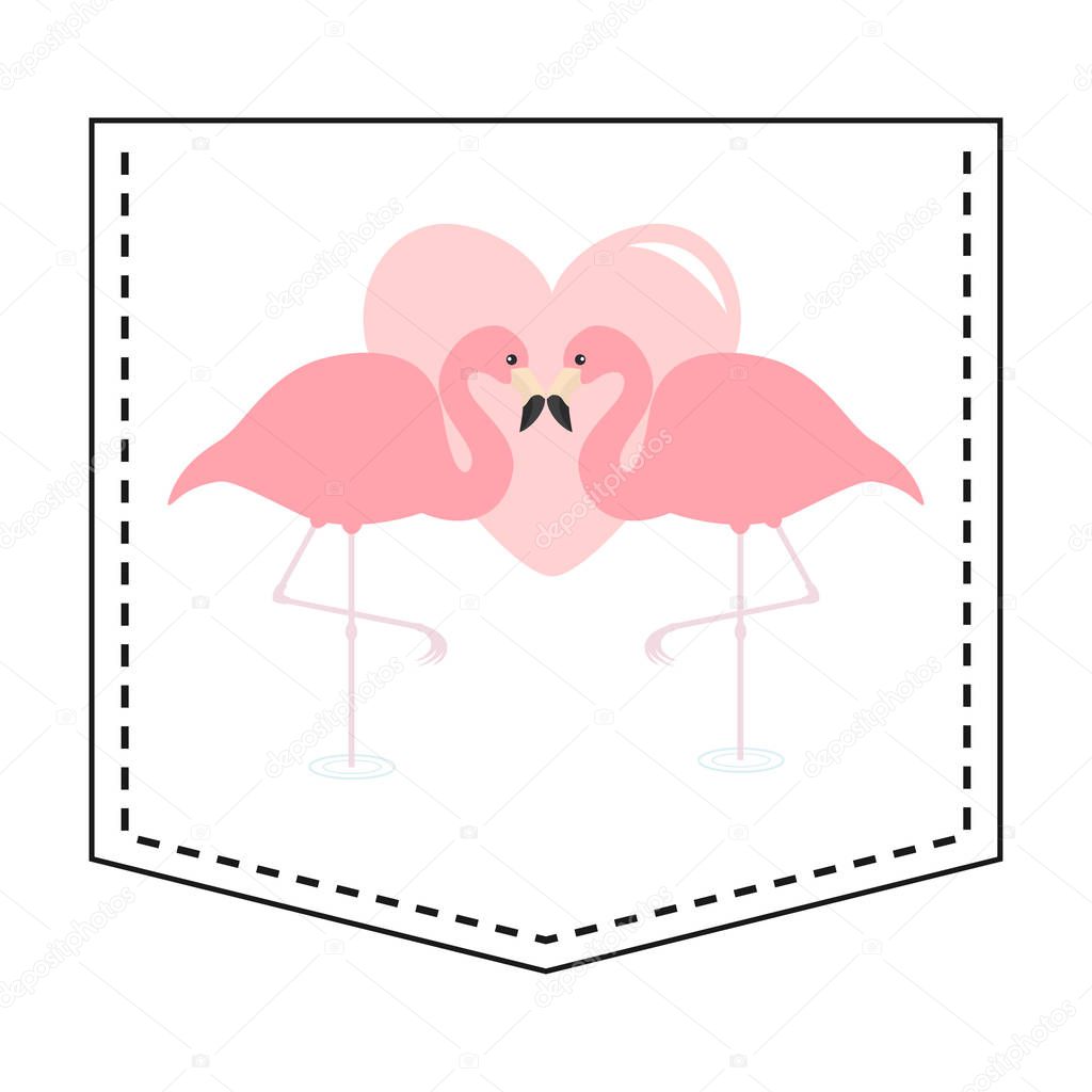 Pink flamingos love couple pocket print, isolated on white