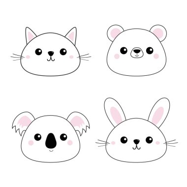 Tavşan, boz ayı, koala, kedi yüzler set.