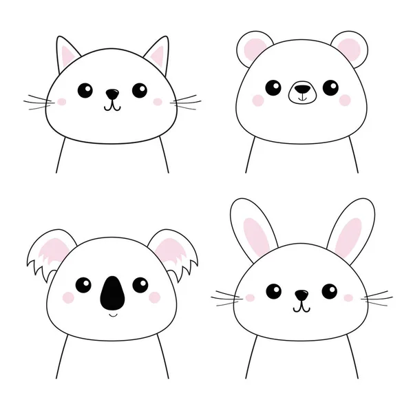 Hare Grizzly Koala Cat Faces Set — Stock Vector