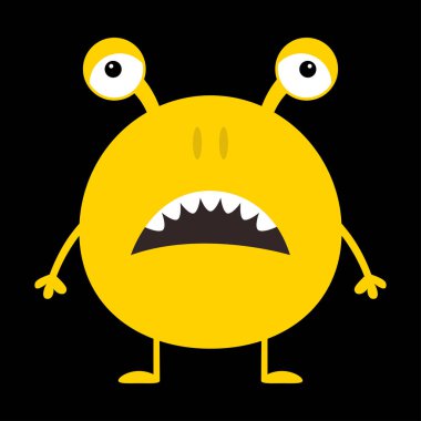 Sevimli sarı canavar simgesi. Cadılar Bayramınız Kutlu Olsun. Çizgi film renkli korkunç komik karakter. Gözler, kulaklar, burun, açık ağız, dişler. Komik bebek koleksiyonu siyah arka plan izole düz tasarım. Vektör çizim