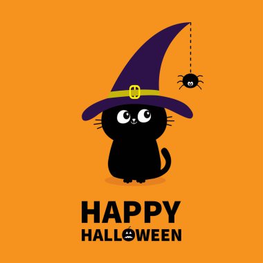 Cadılar Bayramınız Kutlu Olsun. Kara kedi siluet çizgi çizgi web örümcek böcek üzerinde asılı için arıyorum. Cadı şapka kap. Sevimli çizgi film karakteri bebek evde beslenen hayvan hayvan koleksiyonu düz tasarım turuncu vektör arka plan