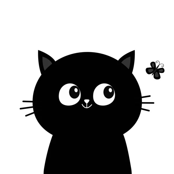 蝶昆虫を見て黒猫頭顔のシルエット かわいい漫画のキャラクター 赤ちゃんペット コレクション カード フラットなデザイン 白い背景 分離されました ベクトル図 — ストックベクタ