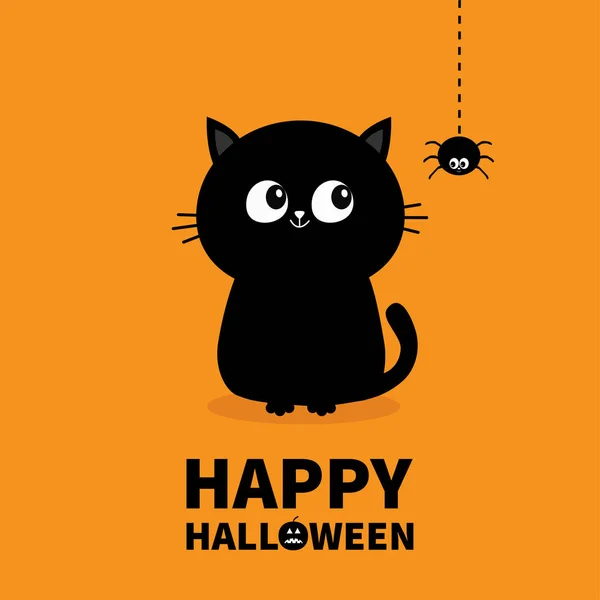 Happy Halloween Pumpkin Text Black Cat Sitting Silhouette Looking Hanging — Stock Vector