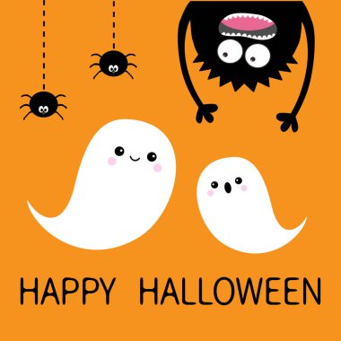 Mutlu Cadılar Bayramı kartı. İki hayalet ruhu uçan. Canavar baş siluet. Gözler, eller. Baş aşağı asılı. Siyah örümcek kesik çizgi. Düz tasarım komik sevimli çizgi film bebek karakteri turuncu vektör arka plan