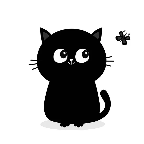 Чёрный Кот Сидит Силуэт Смотрит Насекомое Бабочку Симпатичный Мультяшный Персонаж — стоковый вектор