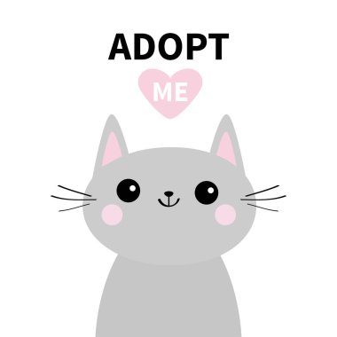Beni evlat. Satın almayın. Gri kedi siluet. Pembe kalp. Pet evlat edinmek. Kawaii hayvan. Sevimli çizgi kitty karakter. Komik bebek kedi yavrusu. Evsiz hayvan düz beyaz arka plan vektör tasarlamak yardım