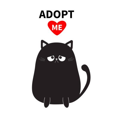 Beni evlat. Satın almayın. Siyah oturan üzgün kedi siluet. Kırmızı kalp. Pet evlat edinmek. Kawaii hayvan. Sevimli çizgi kitty karakter. Komik bebek kedi yavrusu. Evsiz hayvan düz tasarım yardımcı. Beyaz arka plan vektör