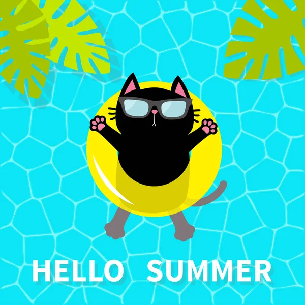 你好夏天 游泳池水 黑猫漂浮在黄色水池浮水圈 顶部空气视图 救生圈 棕榈树叶 可爱的卡通放松性格 平面设计 — 图库矢量图片