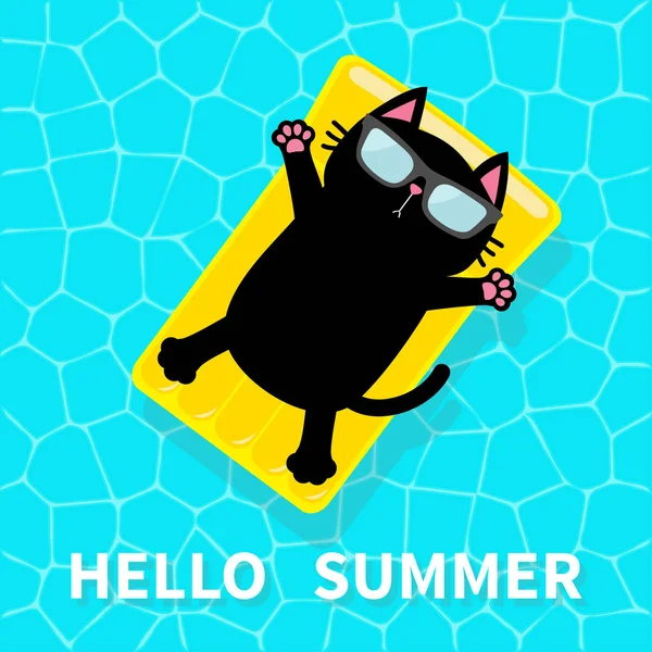 你好夏天 游泳池 黑猫漂浮在黄色泳池浮水床垫上 顶部空气视图 救生圈 可爱的卡通放松性格 平面设计 矢量插图 — 图库矢量图片