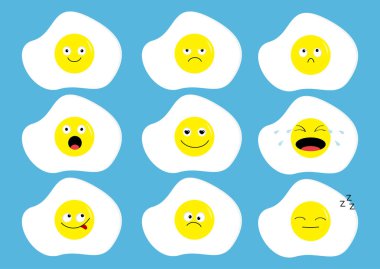 Kızarmış yumurta simgesi emoji ayarlayın. Komik kawaii çizgi film karakterleri. Duygu koleksiyonu. Mutlu, şaşırmış, üzgün kızgın yüz baş ağlıyor gülümseyerek. Yemek kahvaltı. Düz tasarım mavi renkli vektör çizim