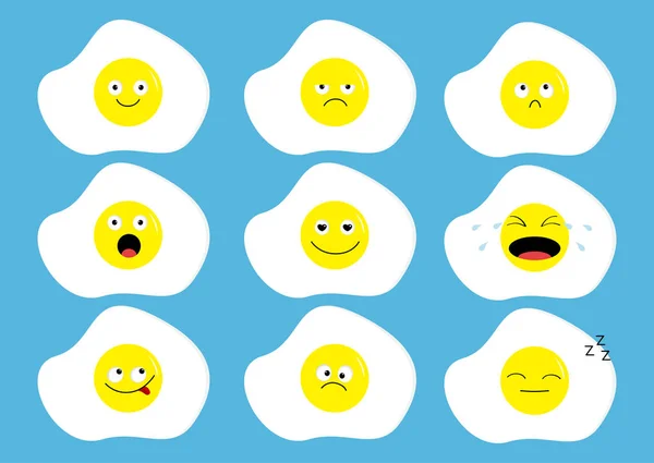 Fried Egg Icon Emoji Set Funny Kawaii Cartoon Characters Emotion — Stock Vector