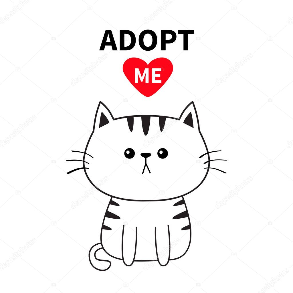 Cartoon white cat on white background with lettering Adopt me, Pet adoption concept