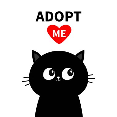 Sevimli siyah kedi yüz siluet. Beni evlat. Kırmızı kalp. Pet evlat edinmek. Kawaii hayvan. Sevimli çizgi kitty karakter. Komik bebek kedi yavrusu. Evsiz hayvan düz beyaz arka plan vektör tasarlamak yardım