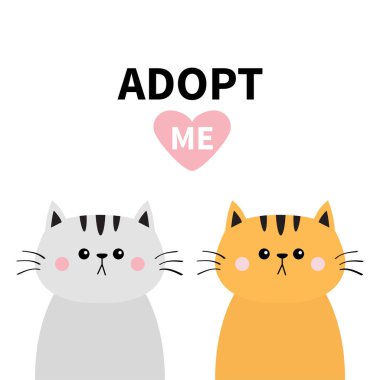 Turuncu gri kedi siluet küme. Beni evlat. Pembe kalp. Pet evlat edinmek. Kawaii hayvan. Sevimli çizgi kitty karakter komik bebek kedi yavrusu evsiz hayvan düz tasarım yardım. Beyaz arka plan vektör çizim