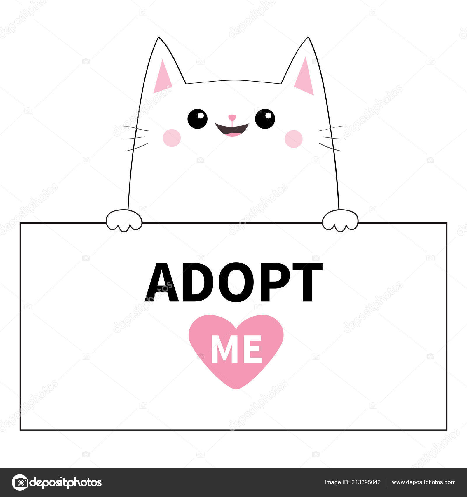 かわいい猫頭顔ペーパー ボードに掛かっています 私を採用します ピンクのハート 手を足します ペットの養子縁組 ホームレスの動物漫画ハローキティのキャラクターを助けます 面白い赤ちゃん子猫 フラットなデザイン 白い背景ベクトル ストックベクター C Worldofvector
