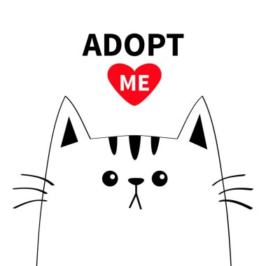 Şirin kedi yüz hattı siluet. Beni evlat. Kırmızı kalp. Pet evlat edinmek. Kawaii hayvan. Sevimli çizgi kitty karakter. Komik bebek kedi yavrusu. Evsiz hayvan düz tasarım yardımcı. Beyaz arka plan vektör çizim