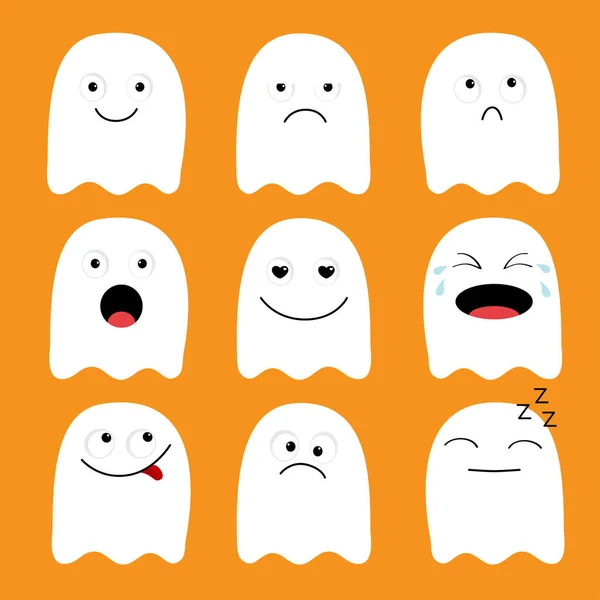 Cute ghost. Emoji icon set. Happy Halloween. Emoticons. Funny kawaii cartoon characters. Emotion collection. Happy, surprised, smiling crying sad angry face head. Flat design Orange background. Vector