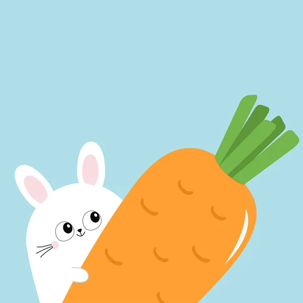 White Bunny Rabbit Holding Big Carrot Funny Head Face Eyes — Stock Vector