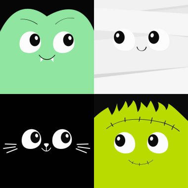 Vampir Kont Dracula, Anne, kara kedi, Frankenstein zombi kare yüz baş simge seti. Cadılar Bayramınız Kutlu Olsun. Sevimli çizgi film komik ürkütücü bebek karakteri. Tebrik kartı. Düz beyaz arka plan tasarım. Vektör