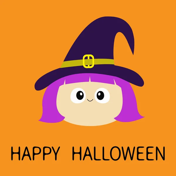 Glad Halloween Witch Flicka Ansikte Bär Curl Hatt Tecknad Rolig — Stock vektor