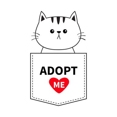 Cebinde oturan kedi. Beni evlat. Kırmızı kalp. Sevimli çizgi hayvanlar. Yavru kedi kitty karakter. Kesik çizgi. Evde beslenen hayvan hayvan koleksiyonu. T-shirt tasarım. Bebek arka plan izole düz tasarım vektör çizim