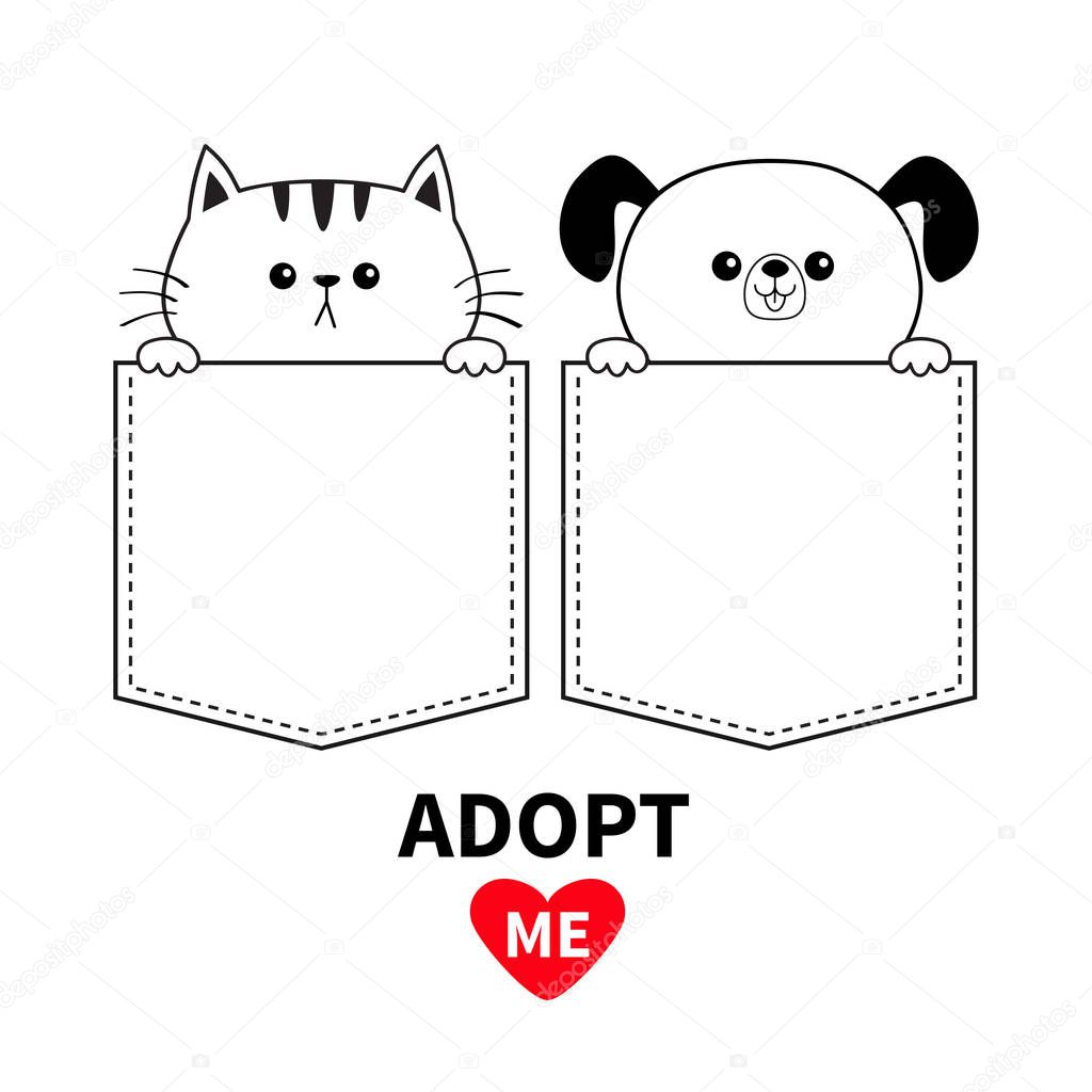 Adopt me. Red heart. Cute cat dog in the pocket. Holding hands paws. Cartoon animals. Kitten kitty puppy character. Dash line. Pet animal collection. T-shirt design. Baby background Flat design Vector