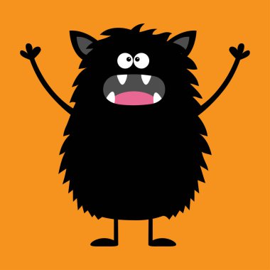 Sevimli siluet siyah canavar simgesi. Cadılar Bayramınız Kutlu Olsun. Çizgi film renkli korkunç komik karakter. Gözler, dil, fang, kulak, el ele tutuşarak. Komik bebek koleksiyonu. Turuncu arka plan. Düz tasarım. Vektör