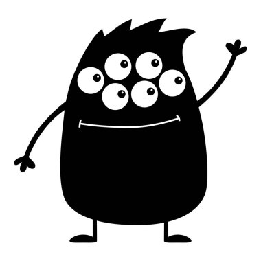 Sevimli siluet siyah canavar simgesi. Cadılar Bayramınız Kutlu Olsun. Çizgi film renkli korkunç komik karakter. Gözler, saç, kadar el sallayarak elele. Komik bebek koleksiyonu. Beyaz arka plan düz tasarım. Vektör