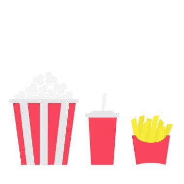 Bir kağıt sunulu liste kutusunda patates kızartması. Patlamış mısır. Saman ile soda içecek cam. Kızarmış patates. Film sinema Icon set. Fast food menü. Düz tasarım. Beyaz arka plan. İzole. Vektör çizim