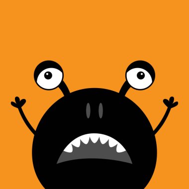 Sevimli siluet siyah canavar yüz simgesi. Cadılar Bayramınız Kutlu Olsun. Çizgi film renkli korkunç komik karakter. Gözler, kulaklar, burun, açık ağız. Komik bebek koleksiyonu. Turuncu arka plan düz tasarlamak vektör çizim