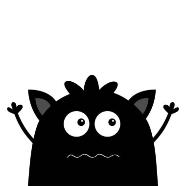 Sevimli siluet siyah canavar yüz simgesi. Cadılar Bayramınız Kutlu Olsun. Çizgi film renkli korkunç komik karakter. Gözler, kulaklar, ağız, saç. Komik bebek koleksiyonu. Beyaz arka plan. Düz tasarım vektör çizim