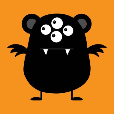 Sevimli siluet siyah canavar simgesi. Cadılar Bayramınız Kutlu Olsun. Çizgi film renkli korkunç komik karakter. Gözler, kulaklar, kanatları. Komik bebek koleksiyonu. Turuncu arka plan. Düz tasarım. Vektör çizim