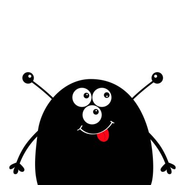 Sevimli siluet siyah canavar yüz simgesi. Cadılar Bayramınız Kutlu Olsun. Çizgi film renkli korkunç komik karakter. Gözler, kulaklar anten, ağız, dil. Komik bebek koleksiyonu. Beyaz arka plan düz tasarlamak vektör