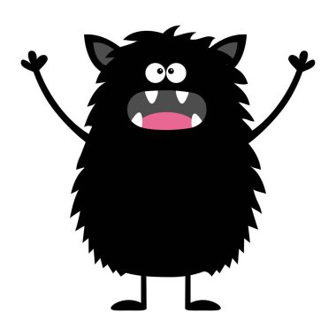 Sevimli siluet siyah canavar simgesi. Cadılar Bayramınız Kutlu Olsun. Çizgi film renkli korkunç komik karakter. Gözler, dil, fang, kulak, el ele tutuşarak. Komik bebek koleksiyonu. Beyaz arka plan. Düz tasarım. Vektör