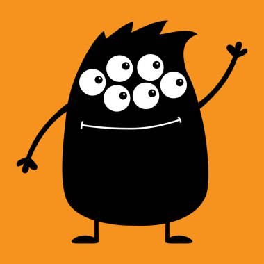 Sevimli siluet siyah canavar simgesi. Cadılar Bayramınız Kutlu Olsun. Çizgi film renkli korkunç komik karakter. Gözler, saç, kadar el sallayarak elele. Komik bebek koleksiyonu. Turuncu arka plan düz tasarım. Vektör