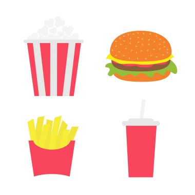 Bir kağıt sunulu liste kutusunda patates kızartması. Patlamış mısır. Burger. Saman ile soda içecek cam. Kızarmış patates. Film sinema Icon set. Fast food menü. Düz tasarım. Beyaz arka plan. Vektör çizim