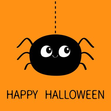 Cadılar Bayramınız Kutlu Olsun. Çizgi çizgi web üzerinde asılı siyah Örümcek siluet. Komik böcek. Büyük gözler. Sevimli çizgi bebek karakter. Düz malzeme tasarım. Turuncu arka plan. İzole. Vektör çizim