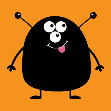 Sevimli siluet siyah canavar simgesi. Cadılar Bayramınız Kutlu Olsun. Çizgi film renkli korkunç komik karakter. Gözler, kulaklar anten, ağız, dil. Komik bebek koleksiyonu. Turuncu arka plan düz tasarlamak vektör çizim