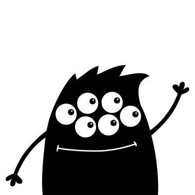 Sevimli siluet siyah canavar yüz simgesi. Cadılar Bayramınız Kutlu Olsun. Çizgi film renkli korkunç komik karakter. Gözler, saç, kadar el sallayarak elele. Komik bebek koleksiyonu. Beyaz arka plan düz tasarlamak vektör