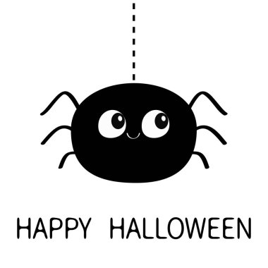Cadılar Bayramınız Kutlu Olsun. Çizgi çizgi web üzerinde asılı siyah Örümcek siluet. Komik böcek. Büyük gözler. Sevimli çizgi bebek karakter. Düz malzeme tasarım. Beyaz arka plan. İzole. Vektör çizim