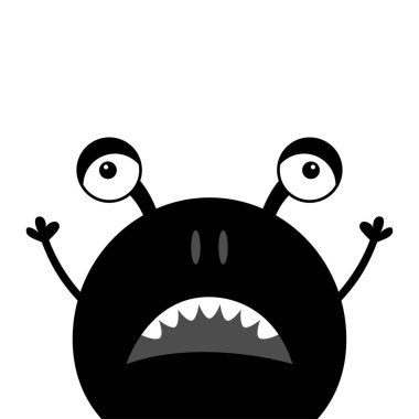 Sevimli siluet siyah canavar yüz simgesi. Cadılar Bayramınız Kutlu Olsun. Çizgi film renkli korkunç komik karakter. Gözler, kulaklar, burun, açık ağız. Komik bebek koleksiyonu. Beyaz arka plan düz tasarlamak vektör çizim