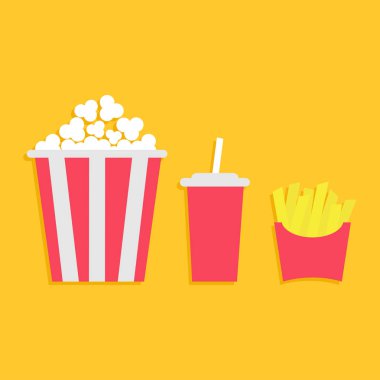 Patlamış mısır. Bir kağıt sunulu liste kutusunda patates kızartması. Saman ile soda içecek cam. Kızarmış patates. Film sinema Icon set. Fast food menü. Düz tasarım. Sarı arka plan. İzole. Vektör çizim