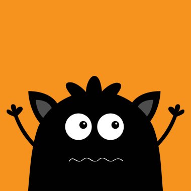 Sevimli siluet siyah canavar yüz simgesi. Cadılar Bayramınız Kutlu Olsun. Çizgi film renkli korkunç komik karakter. Gözler, kulaklar, ağız, saç. Komik bebek koleksiyonu. Turuncu arka plan. Düz tasarım vektör çizim