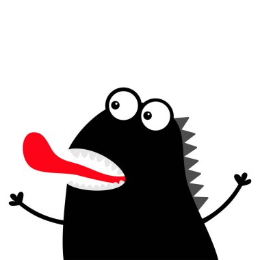 Sevimli siluet siyah canavar yüz simgesi. Cadılar Bayramınız Kutlu Olsun. Çizgi film renkli korkunç komik karakter. Gözler, ağız dil gösteriliyor. Komik bebek koleksiyonu. Beyaz arka plan düz tasarım. Vektör çizim