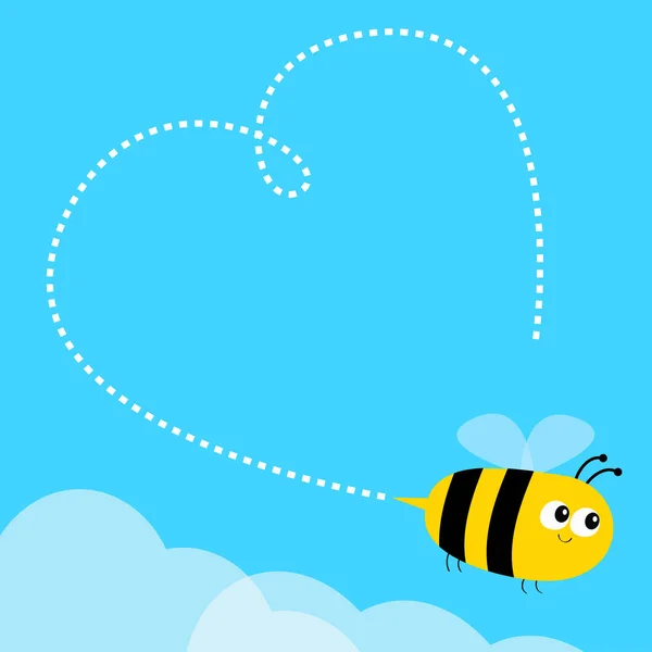 Vliegende Bee Pictogram Dash Lijn Hart Grote Ogen Happy Valentines — Stockvector