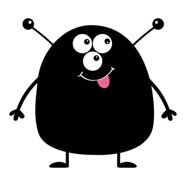 Sevimli siluet siyah canavar simgesi. Cadılar Bayramınız Kutlu Olsun. Çizgi film renkli korkunç komik karakter. Gözler, kulaklar anten, ağız, dil. Komik bebek koleksiyonu. Beyaz arka plan. Düz tasarım vektör çizim