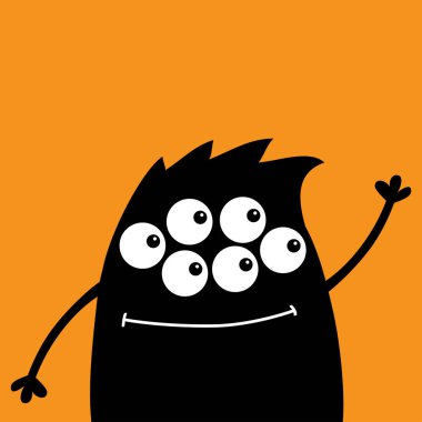 Sevimli siluet siyah canavar yüz simgesi. Cadılar Bayramınız Kutlu Olsun. Çizgi film renkli korkunç komik karakter. Gözler, saç, kadar el sallayarak elele. Komik bebek koleksiyonu. Turuncu arka plan düz tasarlamak vektör